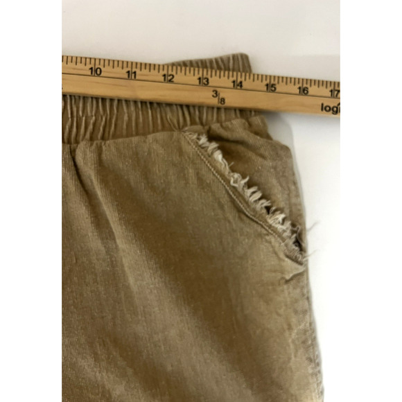 Umgee Wide Leg Frayed Hem Corduroy Pants Size Large Pull on Pockets Beige Boho - Picture 3 of 10